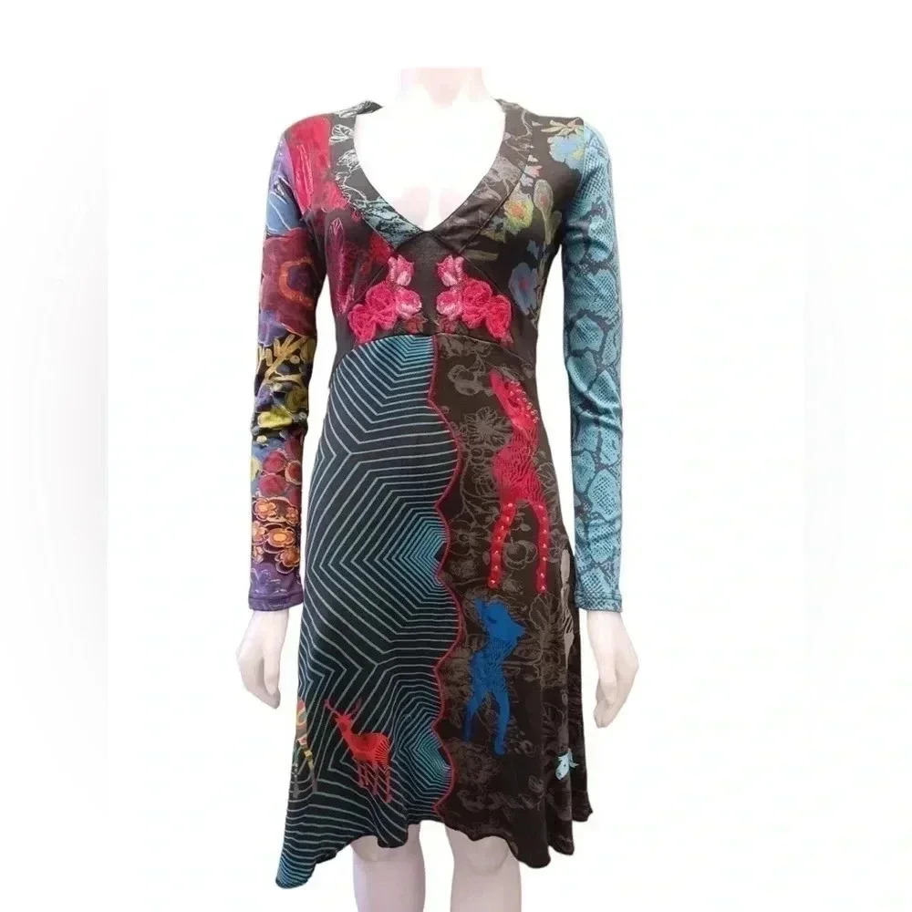 Desigual Graphic Ling Sleeve Dress Size Small
